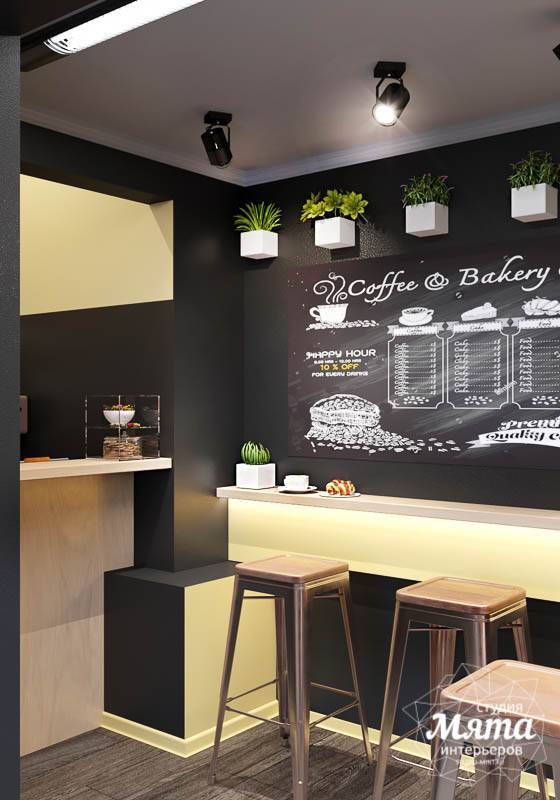Смешение стилей, фактур и форм в интерьере современной кофейни. дизайн интерьера кофейня