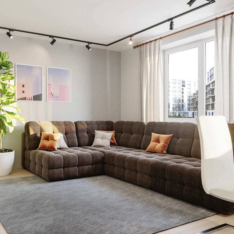 Интерьер зала с угловым диваном: дизайн, фото гостиной с угловым диваном