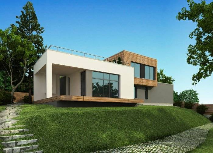 Виды проектов современных загородных домов с плоской крышей + фото планов и чертежей