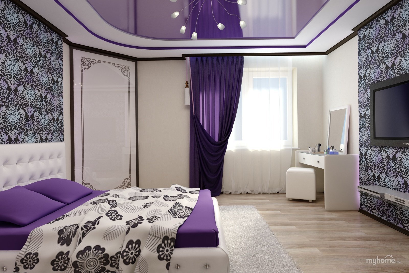 сиреневые шторы в интерьере спальни