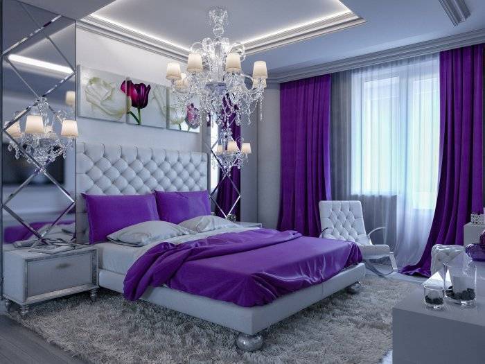 Дизайн спальни в серых тонах: интерьер с яркими акцентами синего, розового и зеленого цвета
 - 29 фото