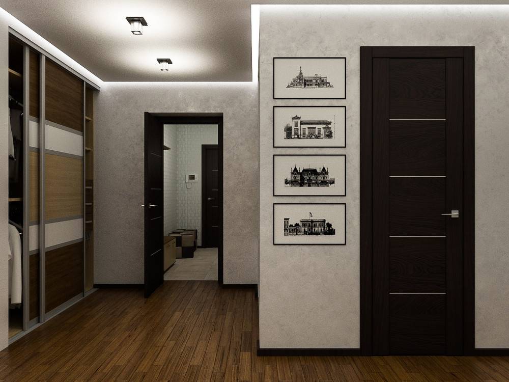 Дизайн обоев для коридора квартиры с темными дверями