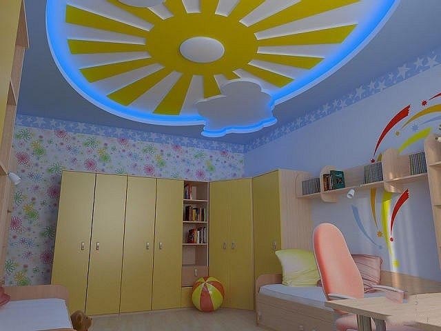 Дизайн потолка в детской из гипсокартона