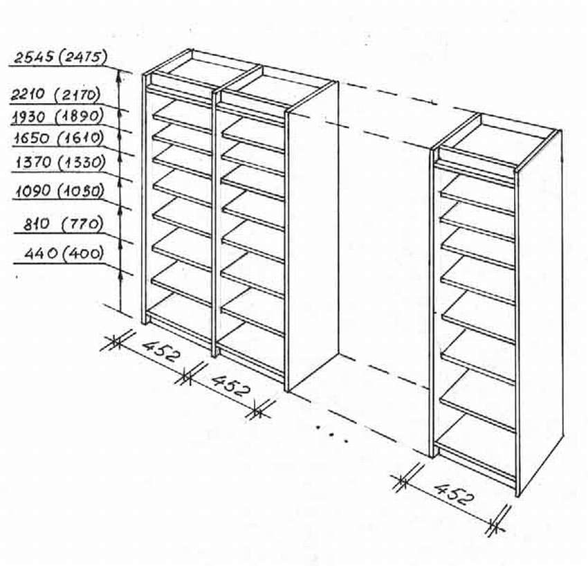 Чертеж стеллажа для книг с размерами