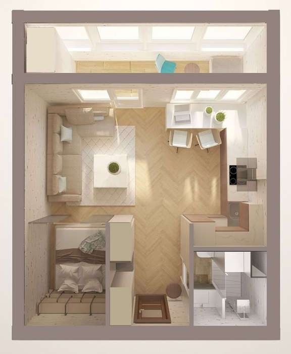 Однокомнатная хрущевка дизайн 30 кв м, перепланировка и ремонт угловой квартиры с двумя окнами, проект студии с мебелью, современный интерьер лофт с детской