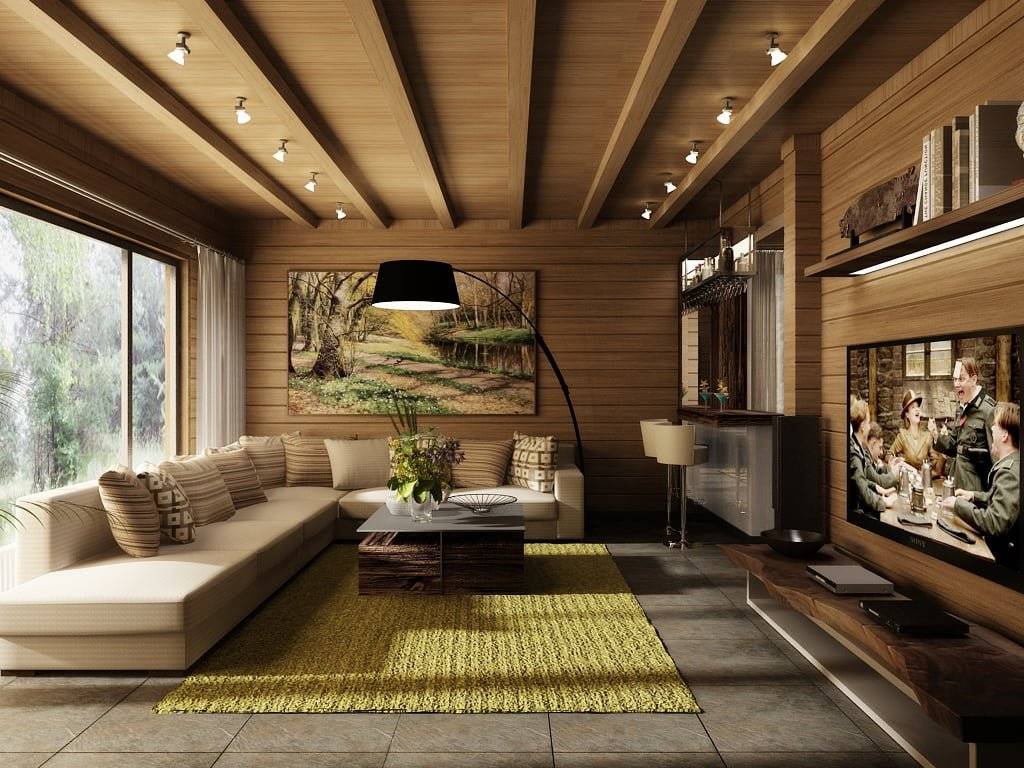Интерьер деревянного дома из клееного бруса: внутренняя отделка в современном стиле, дизайн гостиной комнаты внутри от лучших дизайнеров  - 31 фото