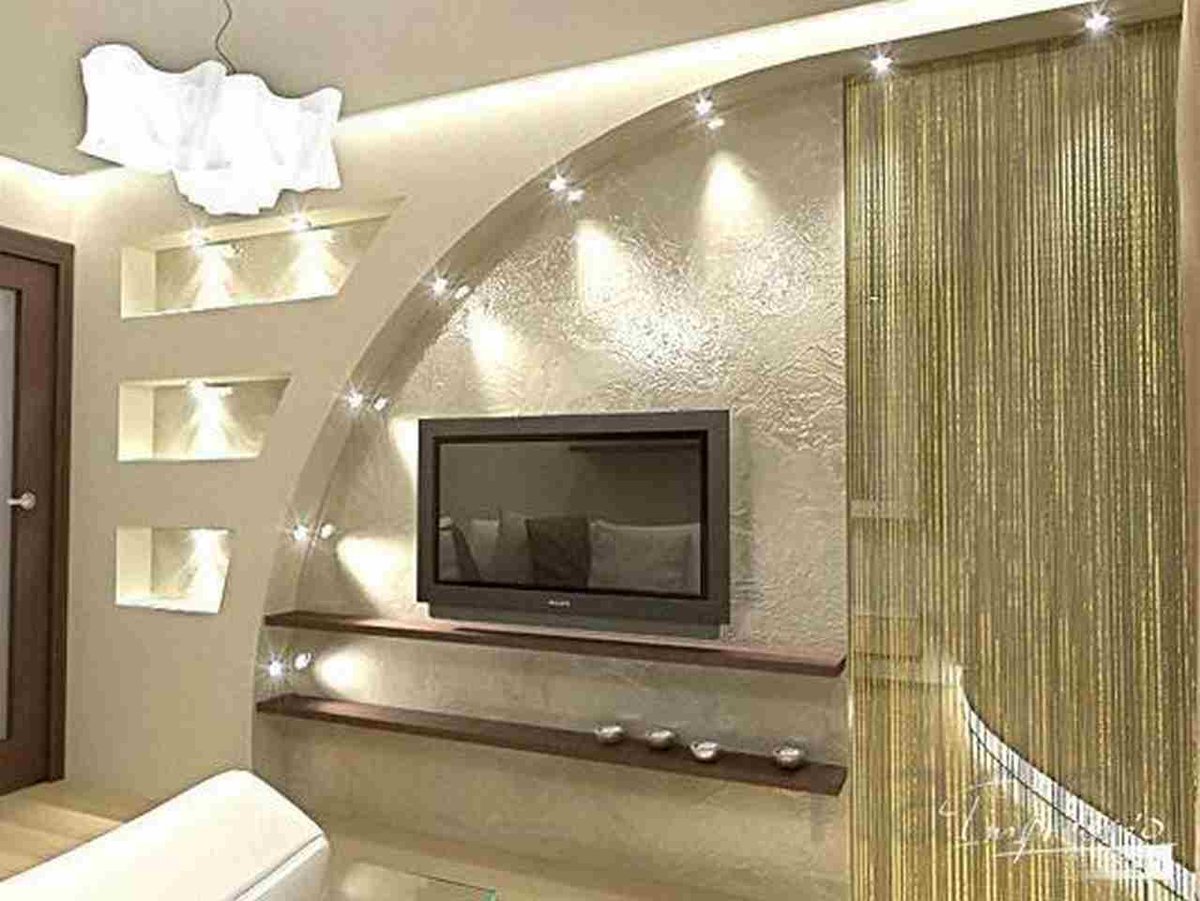 Стены из гипсокартона - дизайн 3d в зале с подсветкой или без