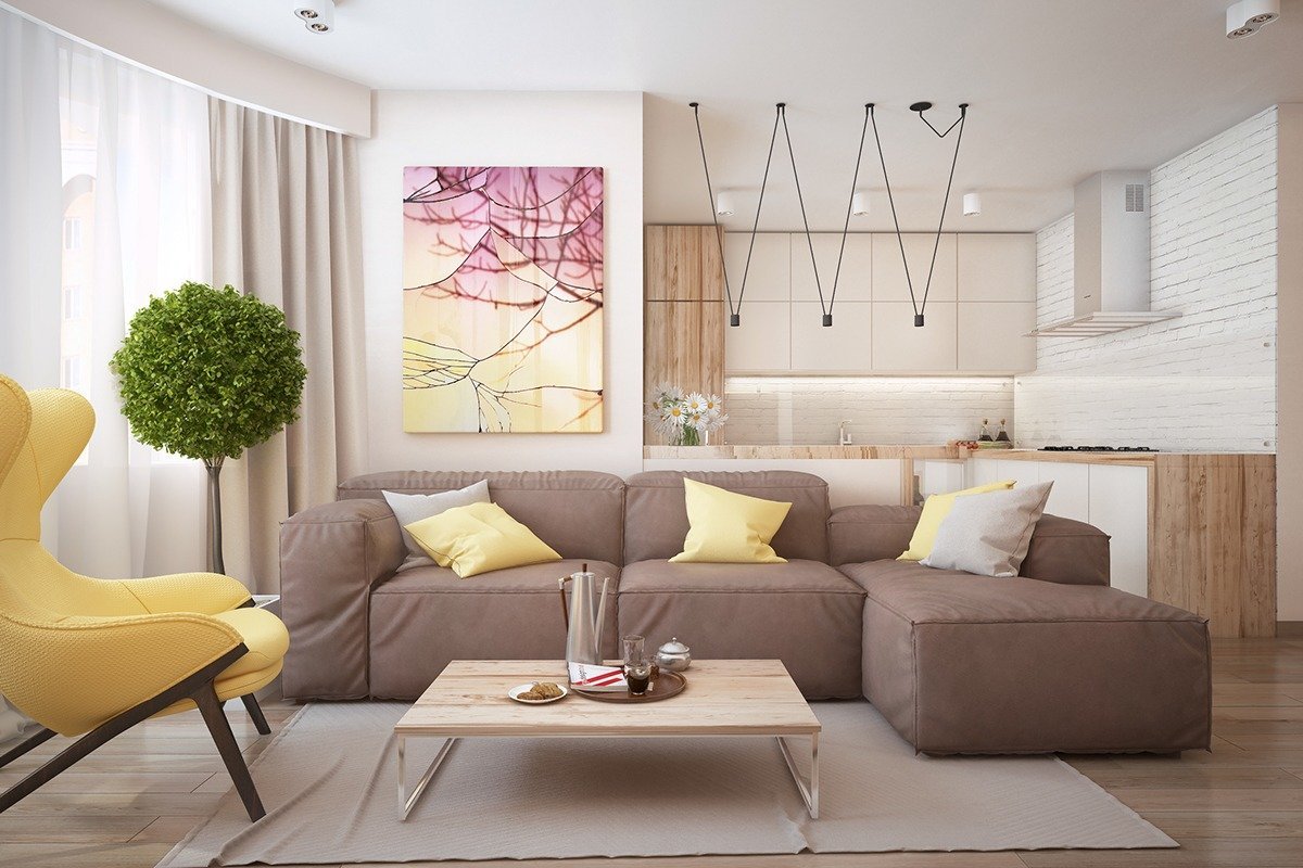 Бежевый диван в интерьере гостиной в современном стиле фото дизайн