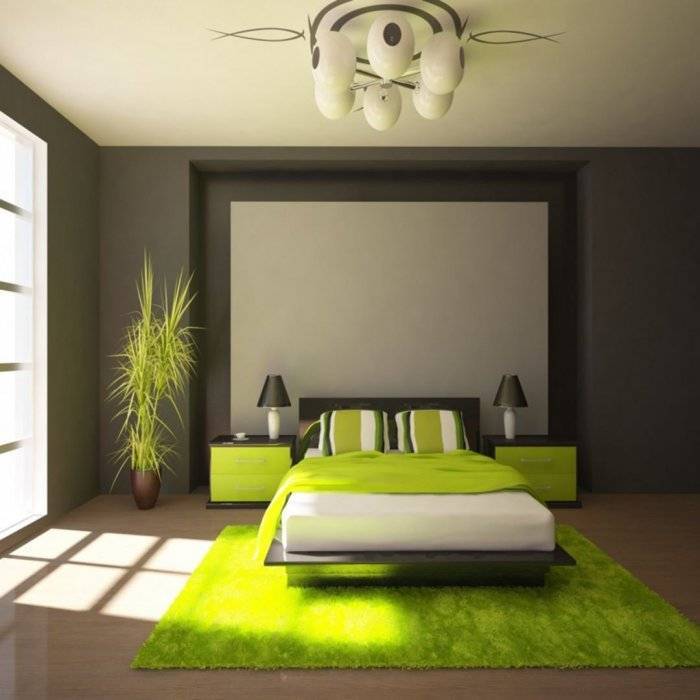 Интерьер спальни в светлых тонах со светлой и темной мебелью в современном стиле, дизайн с яркими акцентами
 - 35 фото