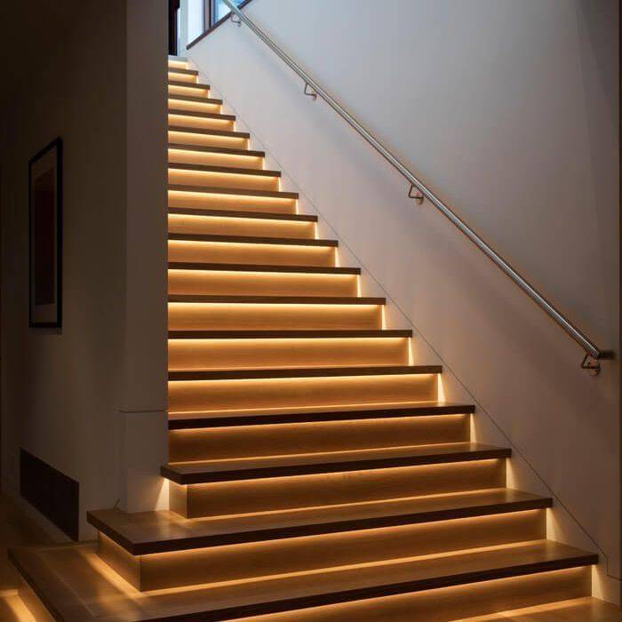 Подсветка лестницы - выбор материалов, схемы подключения и монтаж (80 фото современного дизайна)