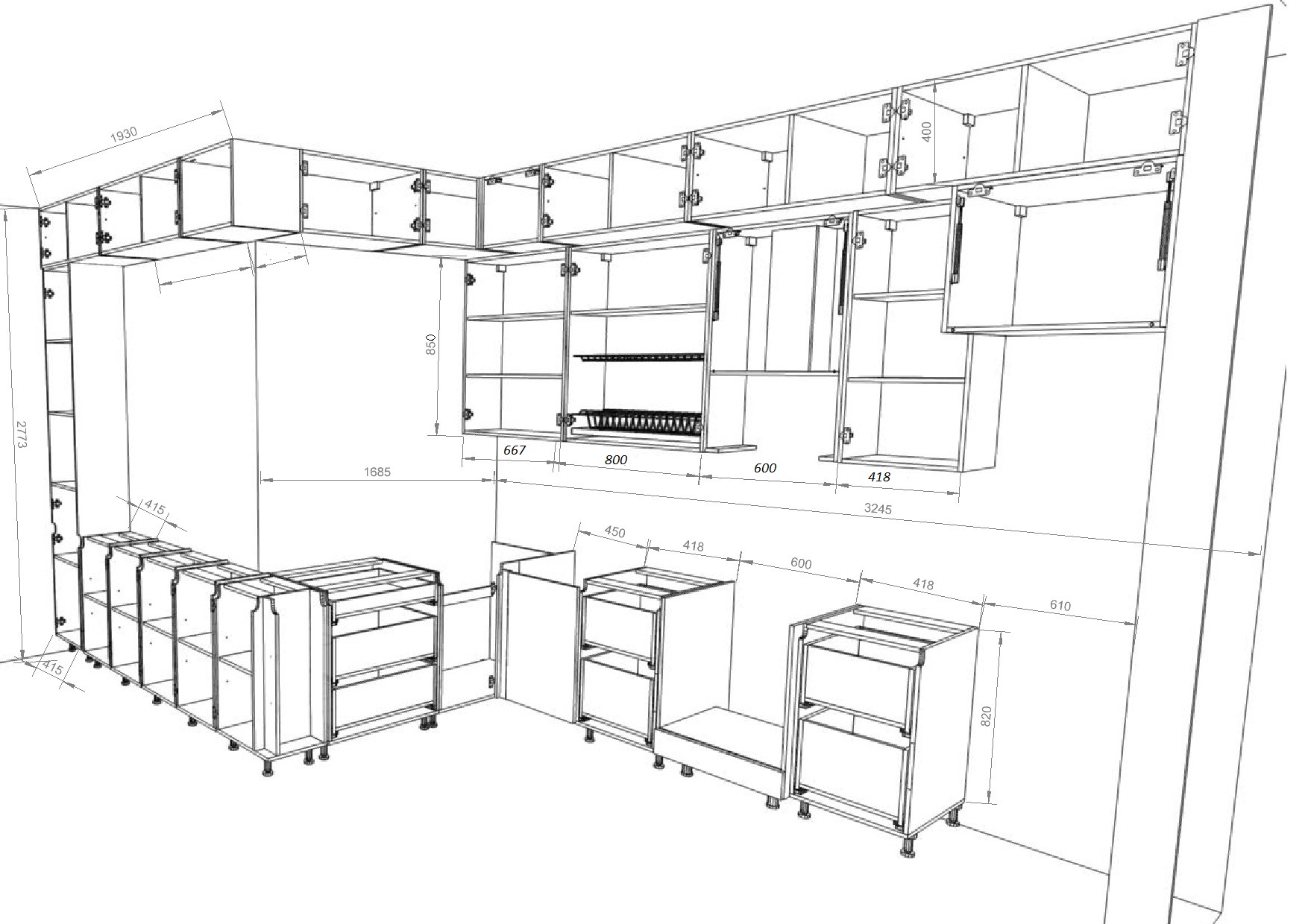 Проект кухни угловой с размерами с двухуровневыми шкафами