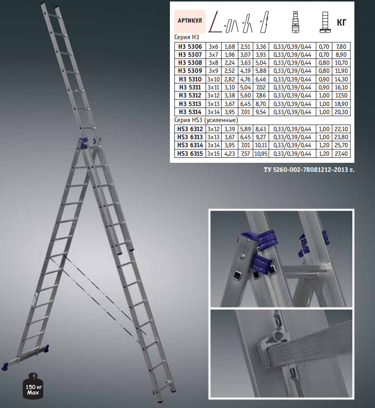 Лестница трехсекционная универсальная rigger 3x11 12 метров