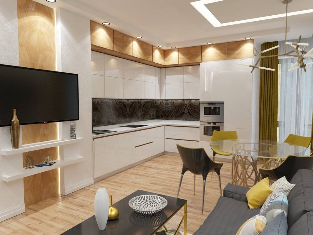 Современный дизайн кухни-гостиной площадью 20 кв. метров