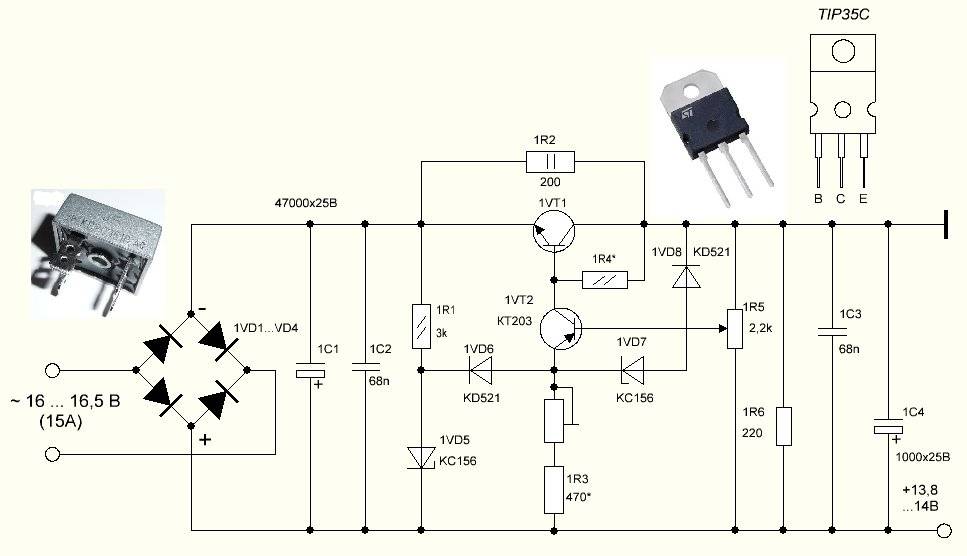 Стабилизатор напряжения на 14 вольт 10 ампер схема