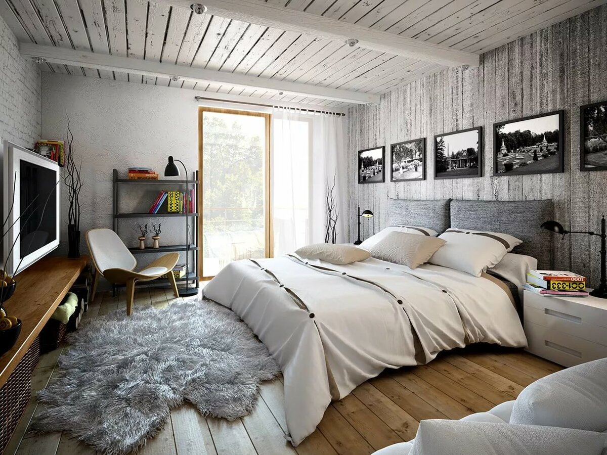 уютная спальня в стиле лофт