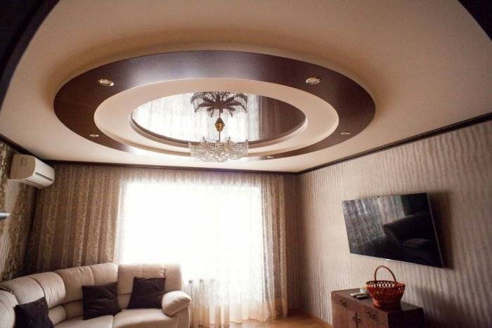 Натяжной потолок в гостиной - дизайн + 100 фото