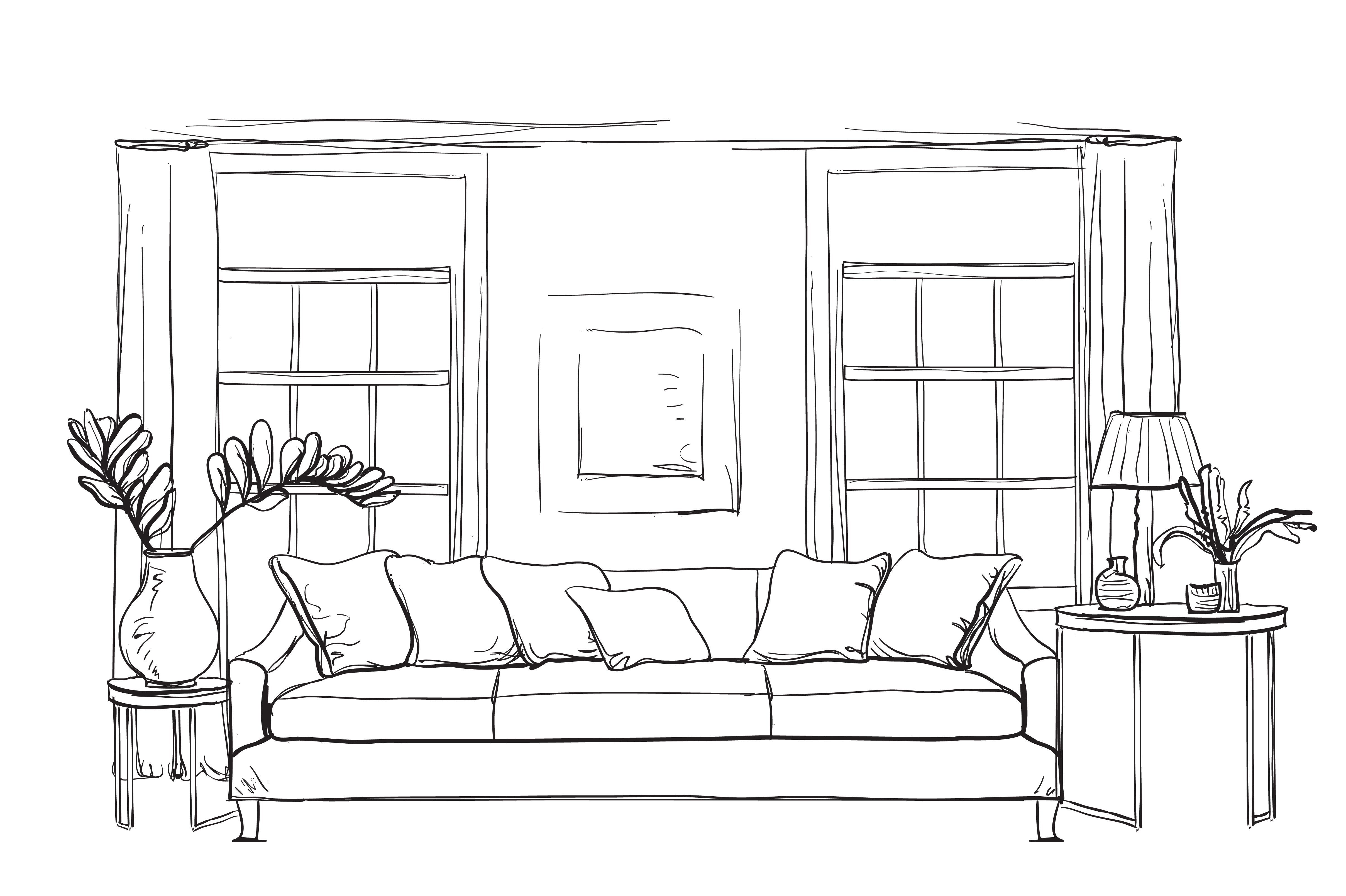Интерьер гостиной с диваном в карандаше