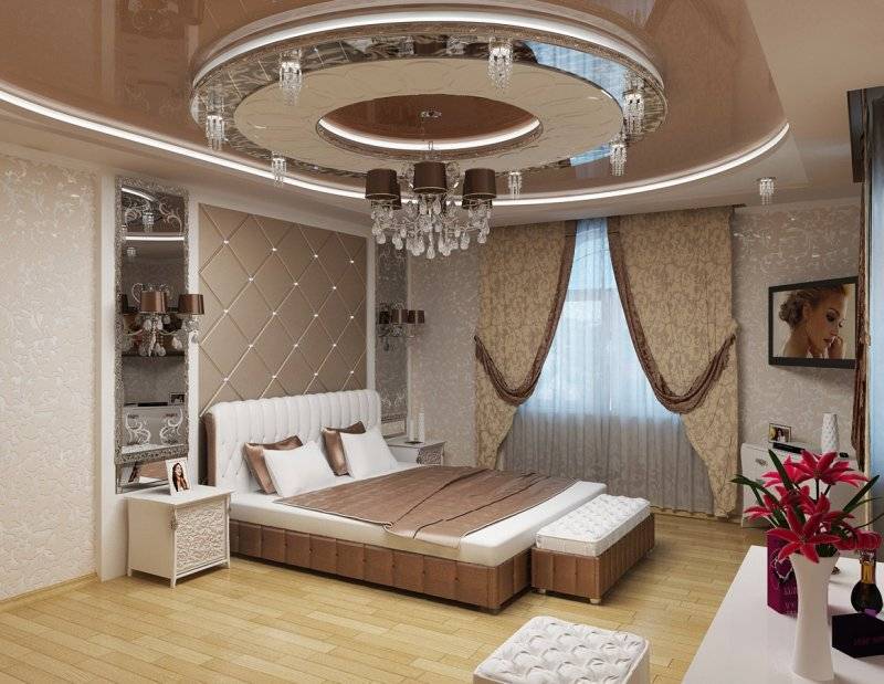 Цвет потолка в спальне: фото дизайна натяжного потолками с красивым цветочным рисунком