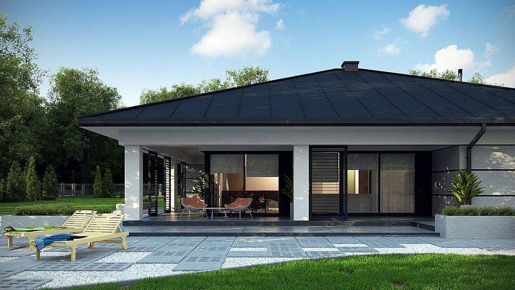 Проект одноэтажного дома с гаражом и террасой: план кирпичного дома с верандой