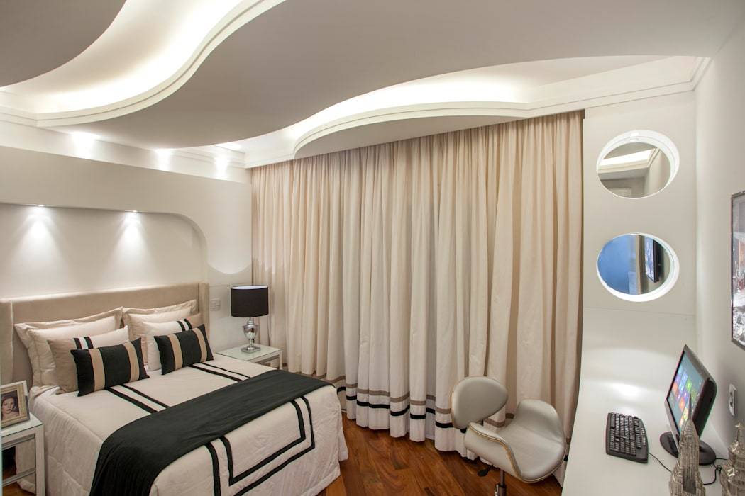 Дизайн потолка из гипсокартона в спальне: более 40 фото идей